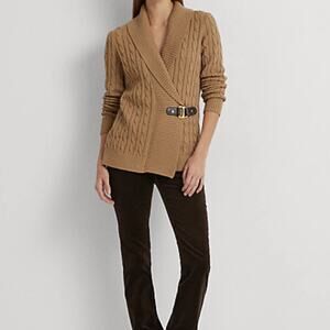 Lauren Ralph Lauren Cable Cord Buckle Front Cardigan Tan Size PM